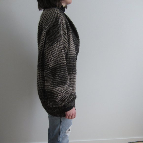 80s Mohair wool-Tan, brown, black cardigan sweater - Picture 4 of 4